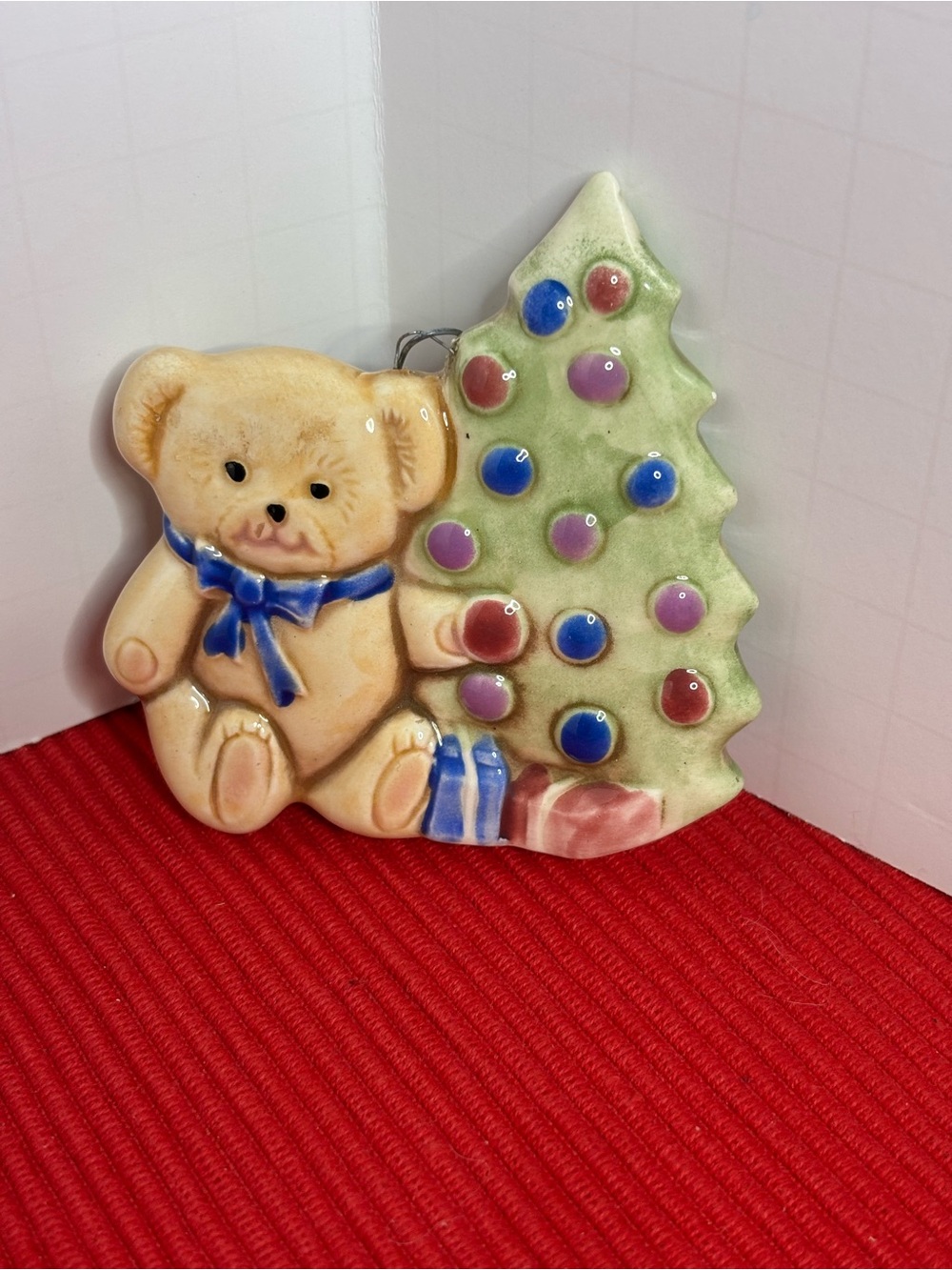 Ceramic Beige Teddy Bear with Green Christmas Tree Ornament